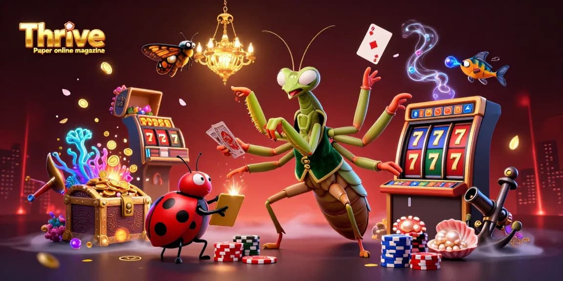 Experience the excitement of gaming at Thrive Paper online magazine with vibrant casino scenes featuring unique characters.