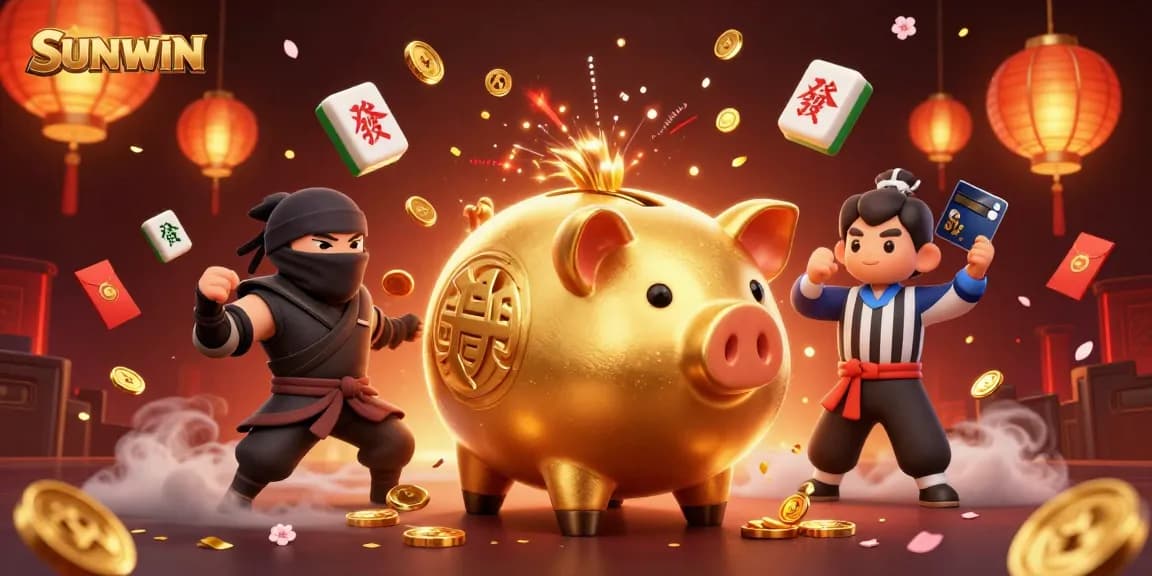 SUNWIN showcases a vibrant 3D casino scene with dynamic characters battling amidst swirling coins and festive decorations.