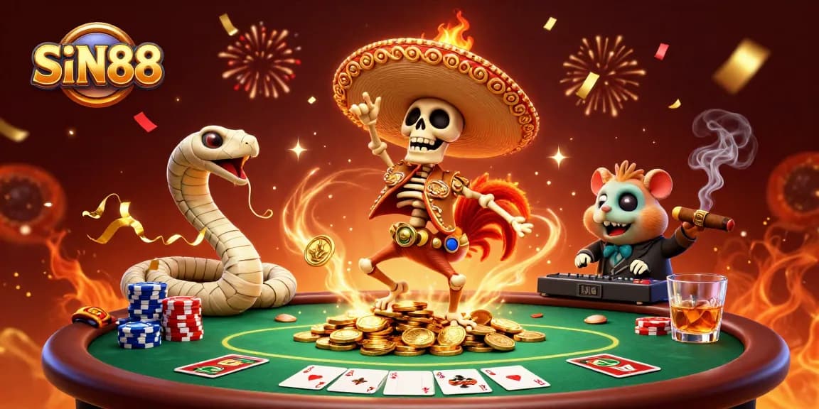 SIN88 showcases a vibrant celebration of gaming with a mariachi rooster, mummy snake, and hamster DJ amidst colorful poker elements.