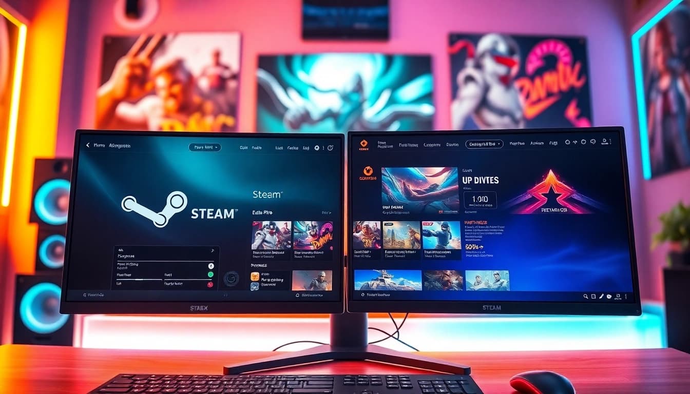 Check the best Steam deals on a professional gaming setup with vibrant lighting and dual monitors.