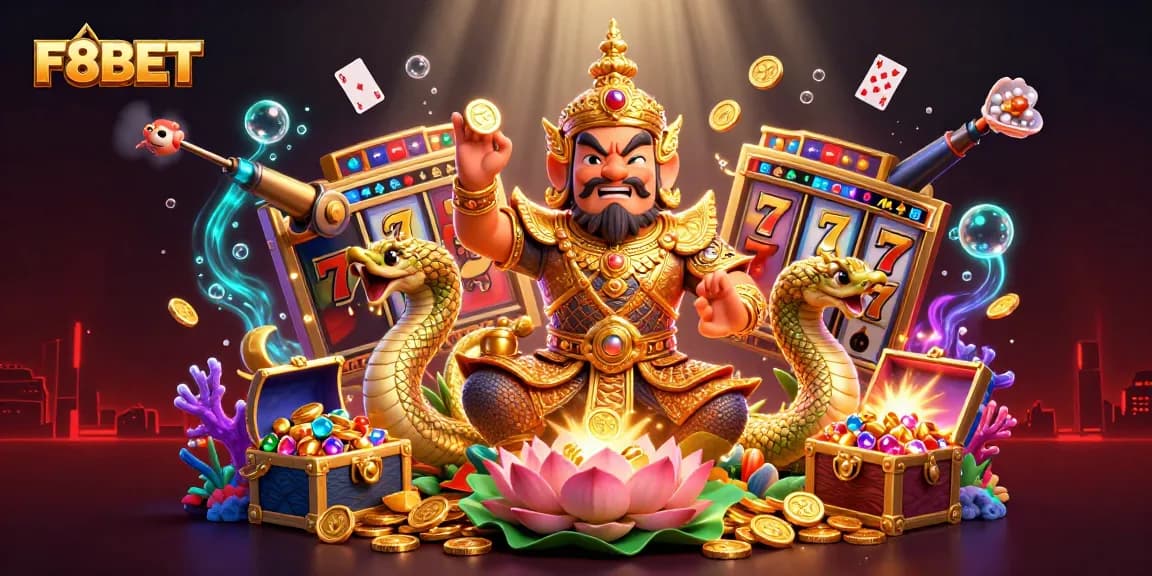 F8BET showcases thrilling gameplay with a 3D illustration of vibrant slot game elements.