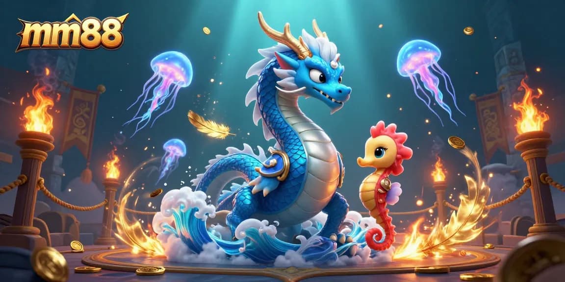 Immerse in mm88's dynamic casino realm featuring a dragon and vibrant jellyfish while betting amid golden treasures.