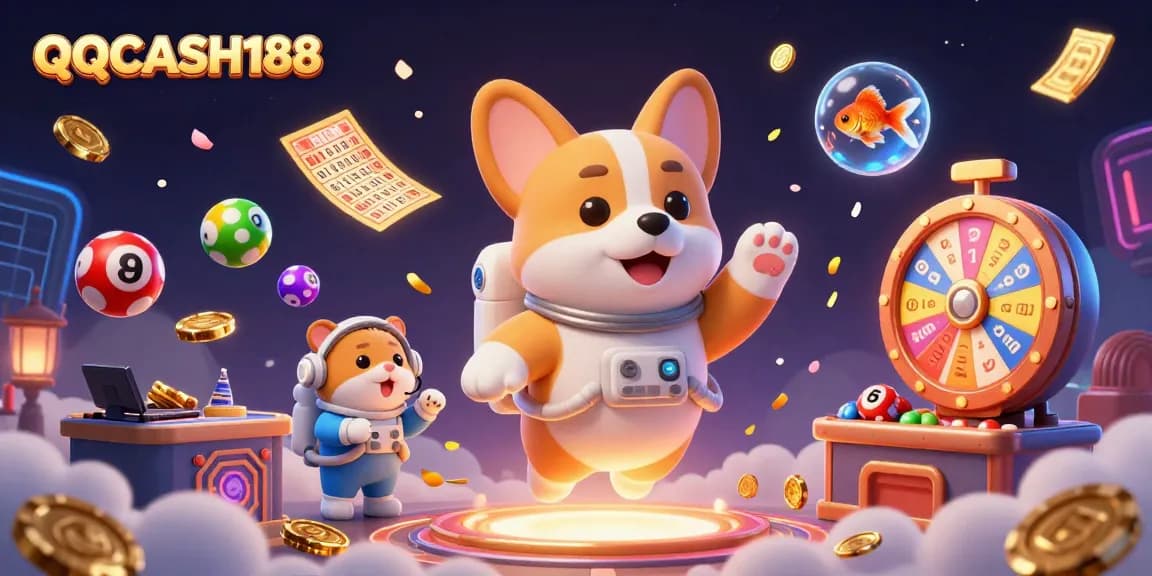 Engage with QQCASH188 in a vibrant casino scene featuring a floating corgi and colorful lottery elements.