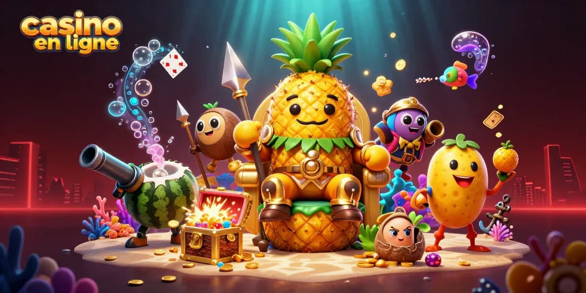 Le roi ananas en or sur son trône dans un casino en ligne coloré avec des trésors sous-marins.