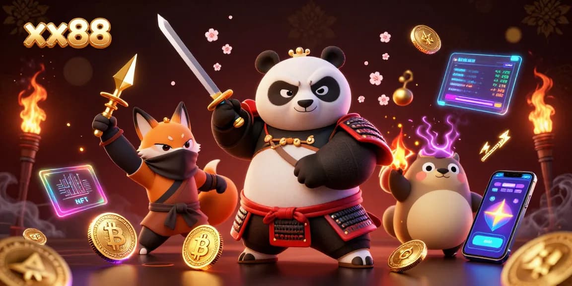 Experience thrilling gaming with xx88's vibrant casino scene featuring samurai panda and ninja fox.
