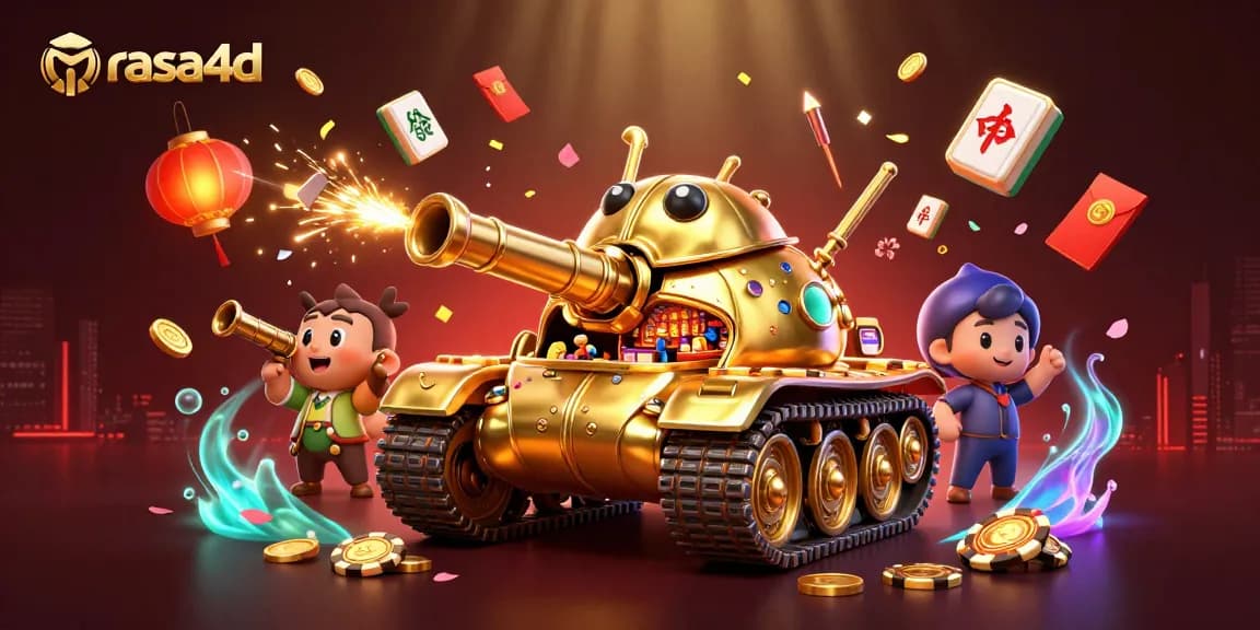 Rasa4d menghadirkan suasana kasino dengan tank kumbang emas raksasa, menghujani koin dan confetti.