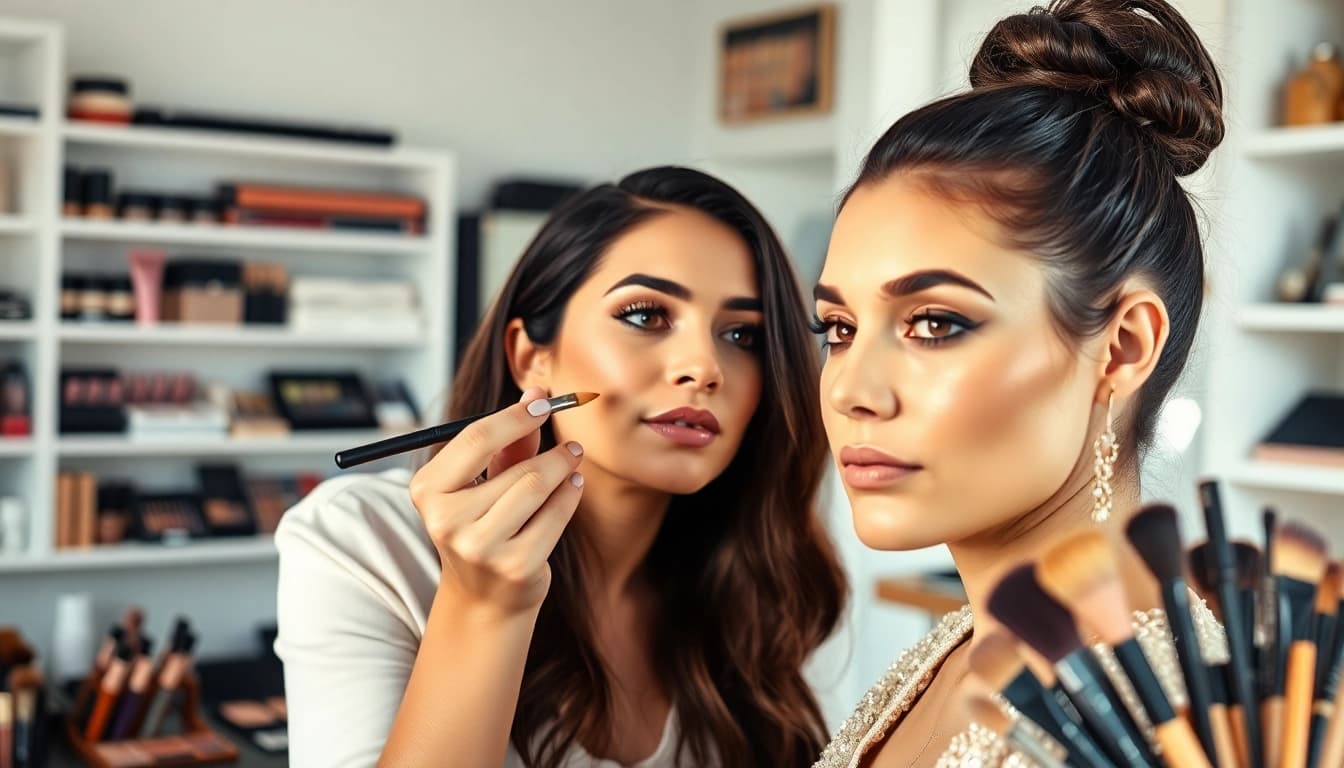 Professional makeup artist enhancing a model's look in a vibrant studio setting.