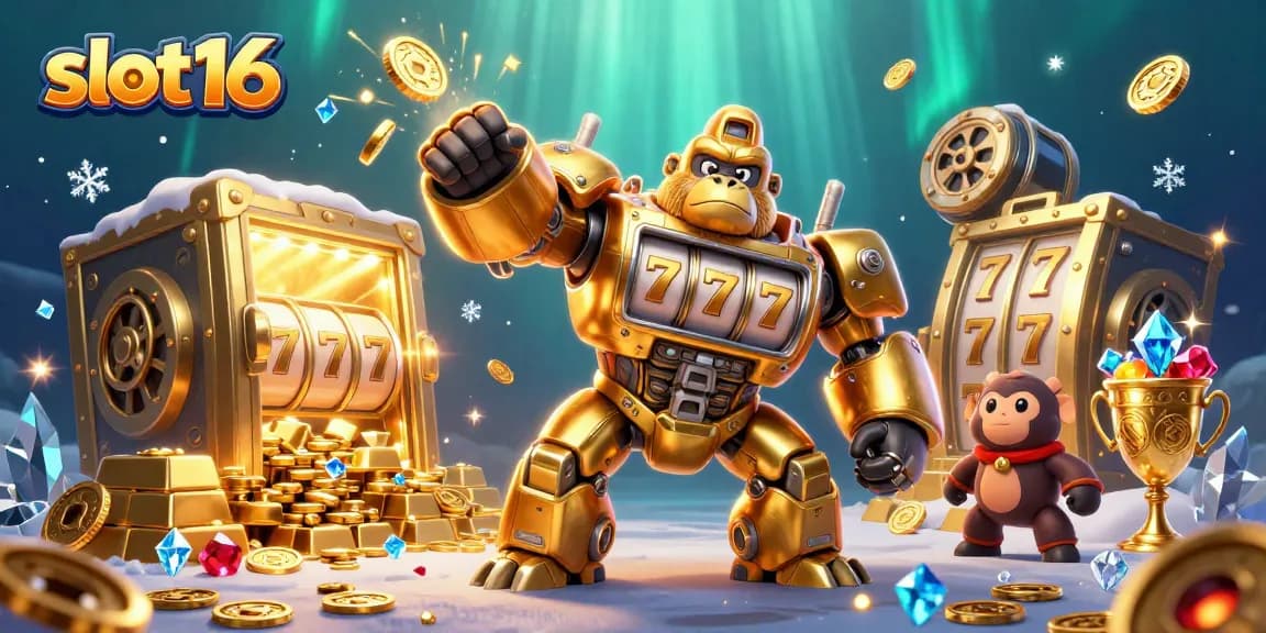 Engage with slot16's thrilling golden gorilla mech slot machine lit by vibrant gems and treasures.
