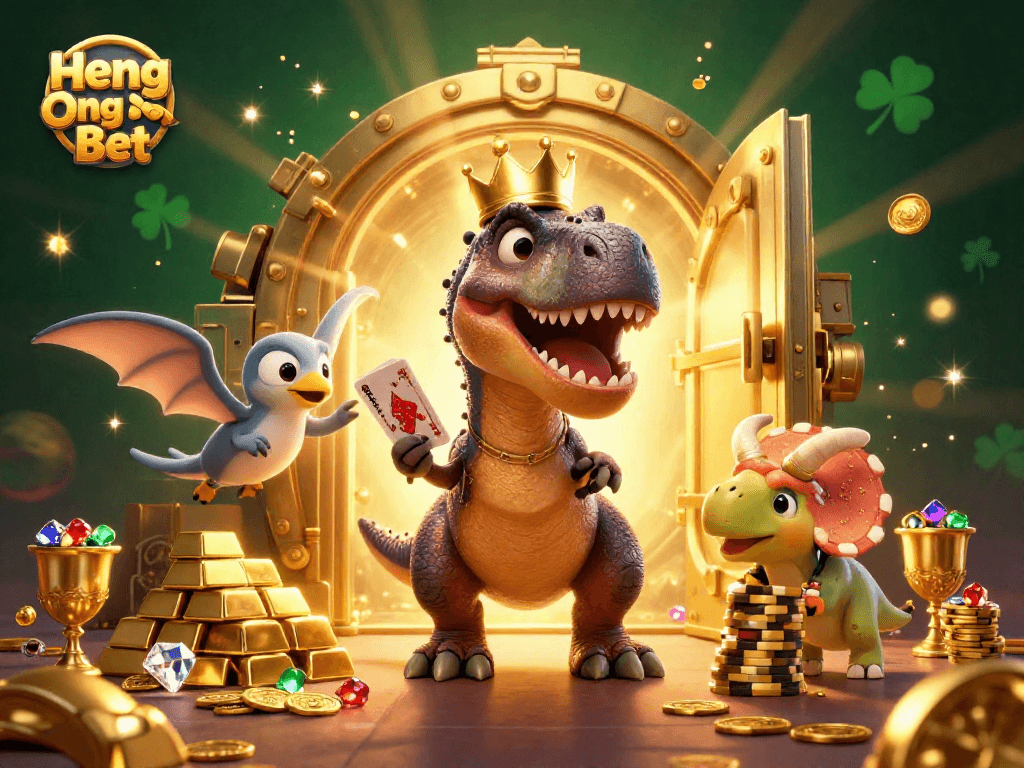 Engage in exciting gameplay at Heng Ong Bet with fun dinosaur characters and vibrant casino elements.