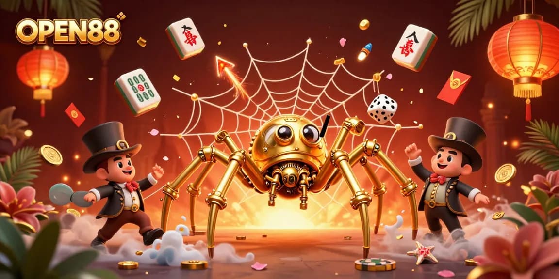 Experience exciting gaming at OPEN88, capturing dice in a golden web surrounded by festive casino elements.