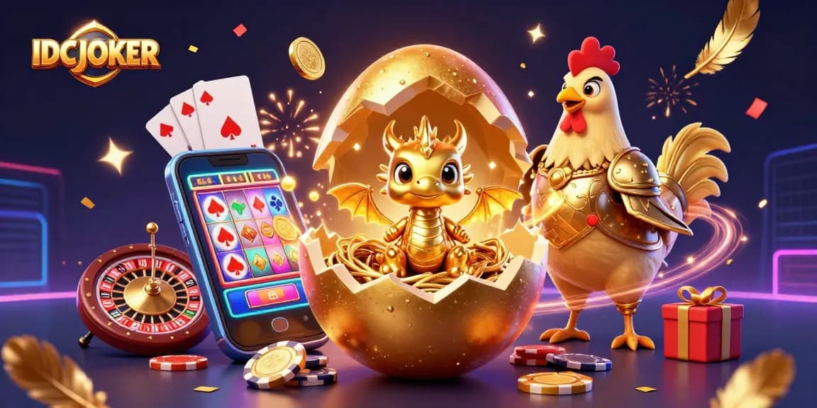 IDCJOKER reveals a golden dragon amidst vibrant casino elements, showcasing an exciting gambling adventure.