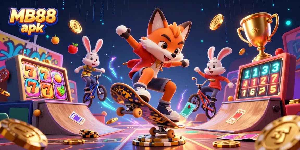 Win big with the MB88 apk in a vibrant casino-themed 3D illustration featuring dynamic characters.