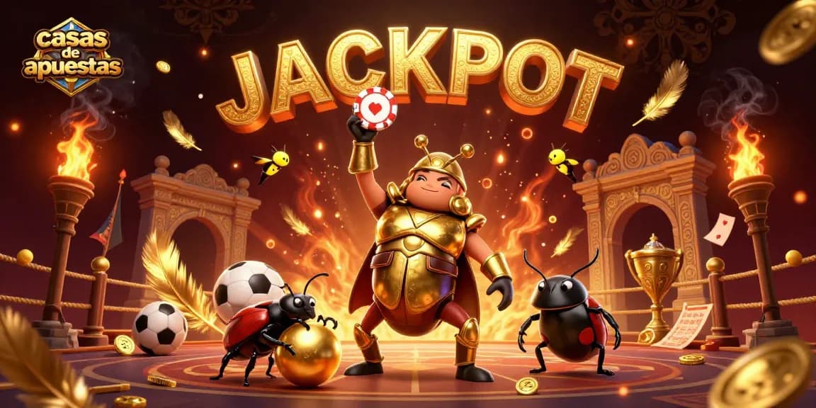 Casas de apuestas: ilustración 3D de un escarabajo gloria celebrando en un casino deportivo.