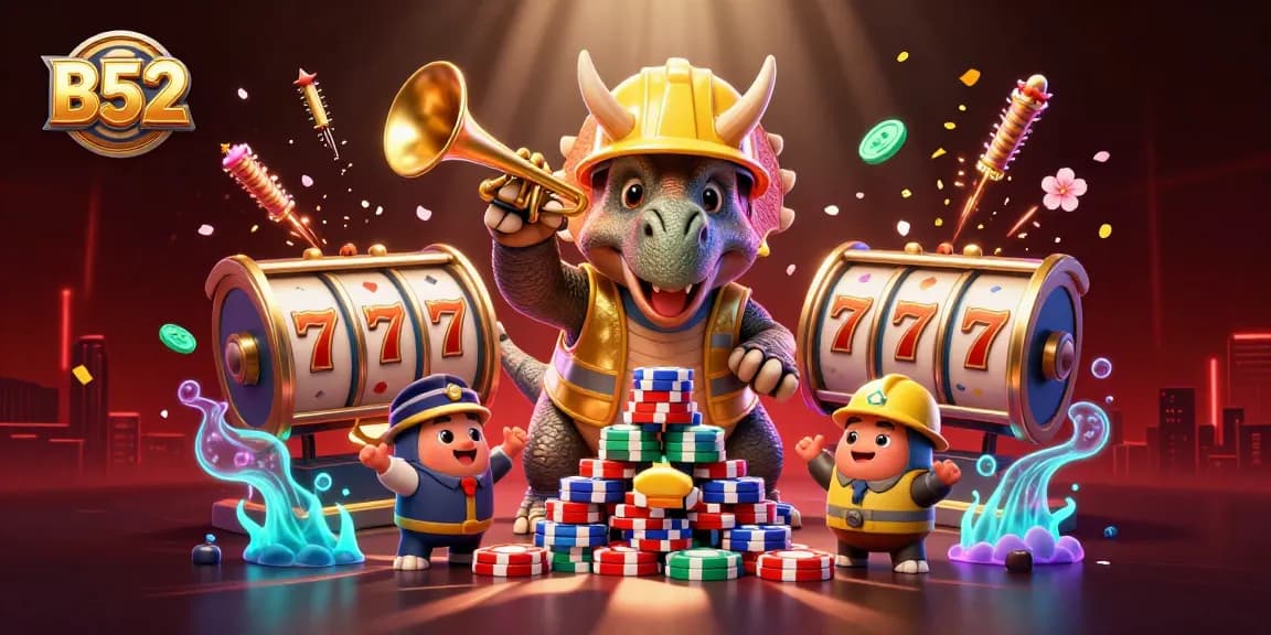 B52 slots scene featuring a triceratops and a parasaurolophus celebrating as they build poker chips, surrounded by slot reels.