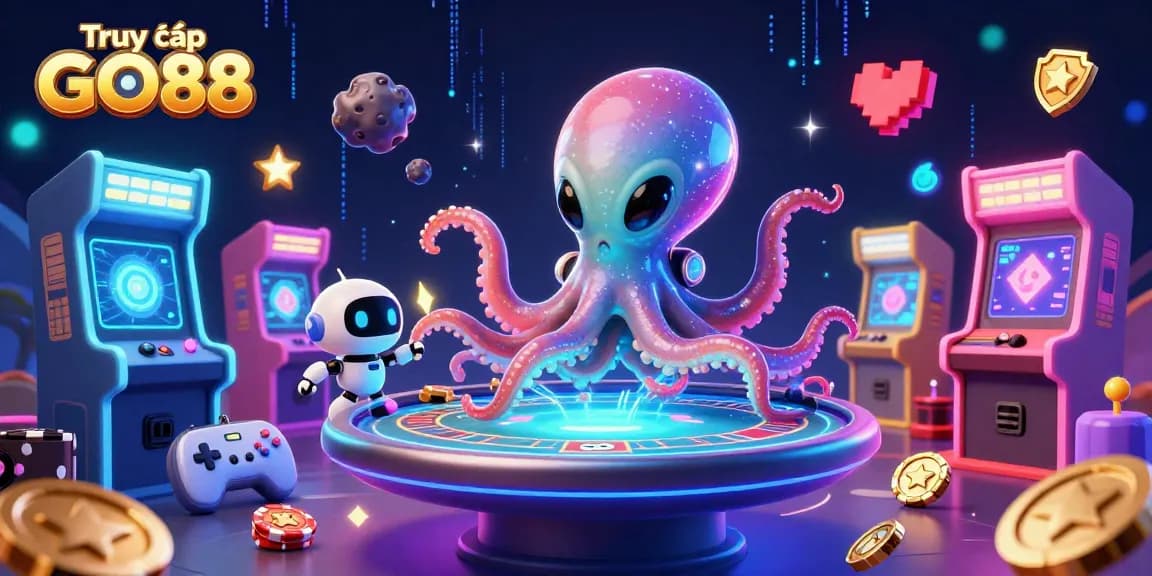 Engage in thrilling casino fun with Truy cập GO88 as a vibrant alien octopus operates a holographic poker table surrounded by arcade games.