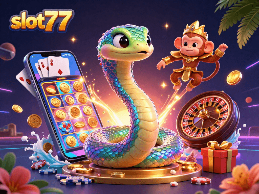 Spin the reels of slot777 with vibrant imagery of a rainbow serpent and golden coins in action.