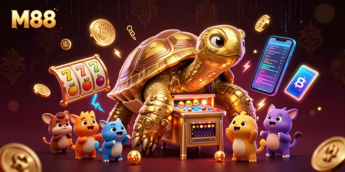 M88 offers an exciting online gaming experience with vibrant visuals featuring a colossal tortoise and dynamic casino elements.
