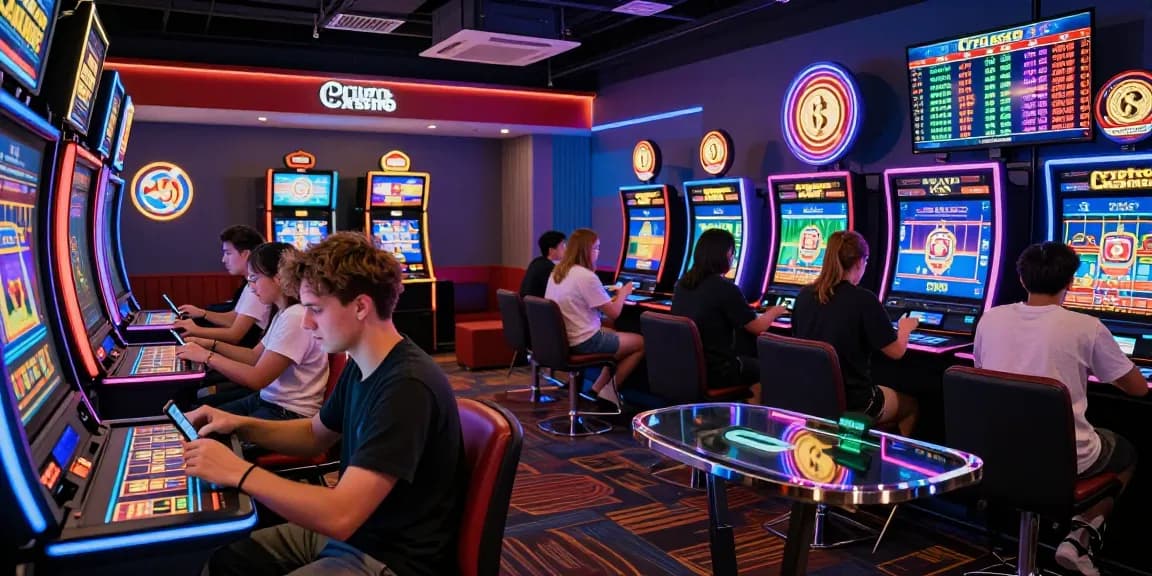 Crypto casino vibrant scene with players enjoying digital games and crypto wallet interactions