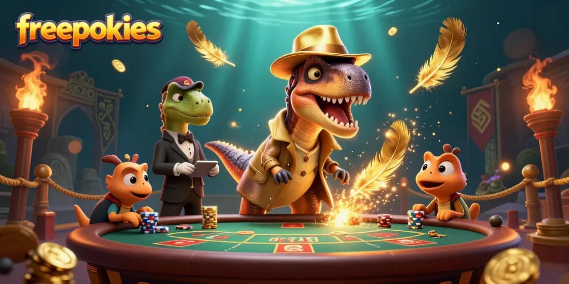 Experience freepokies with a vibrant 3D illustration featuring characters in a dynamic casino scene.