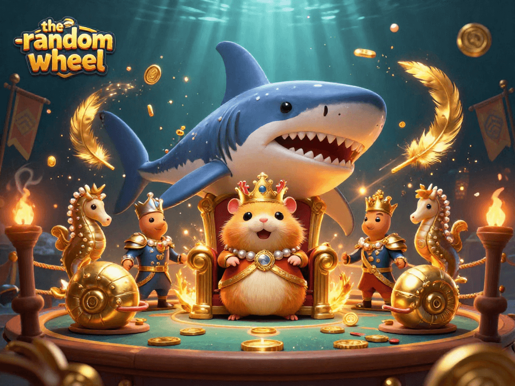 Engage with the-random-wheel's thrilling casino atmosphere featuring a hamster king and seahorse guards.