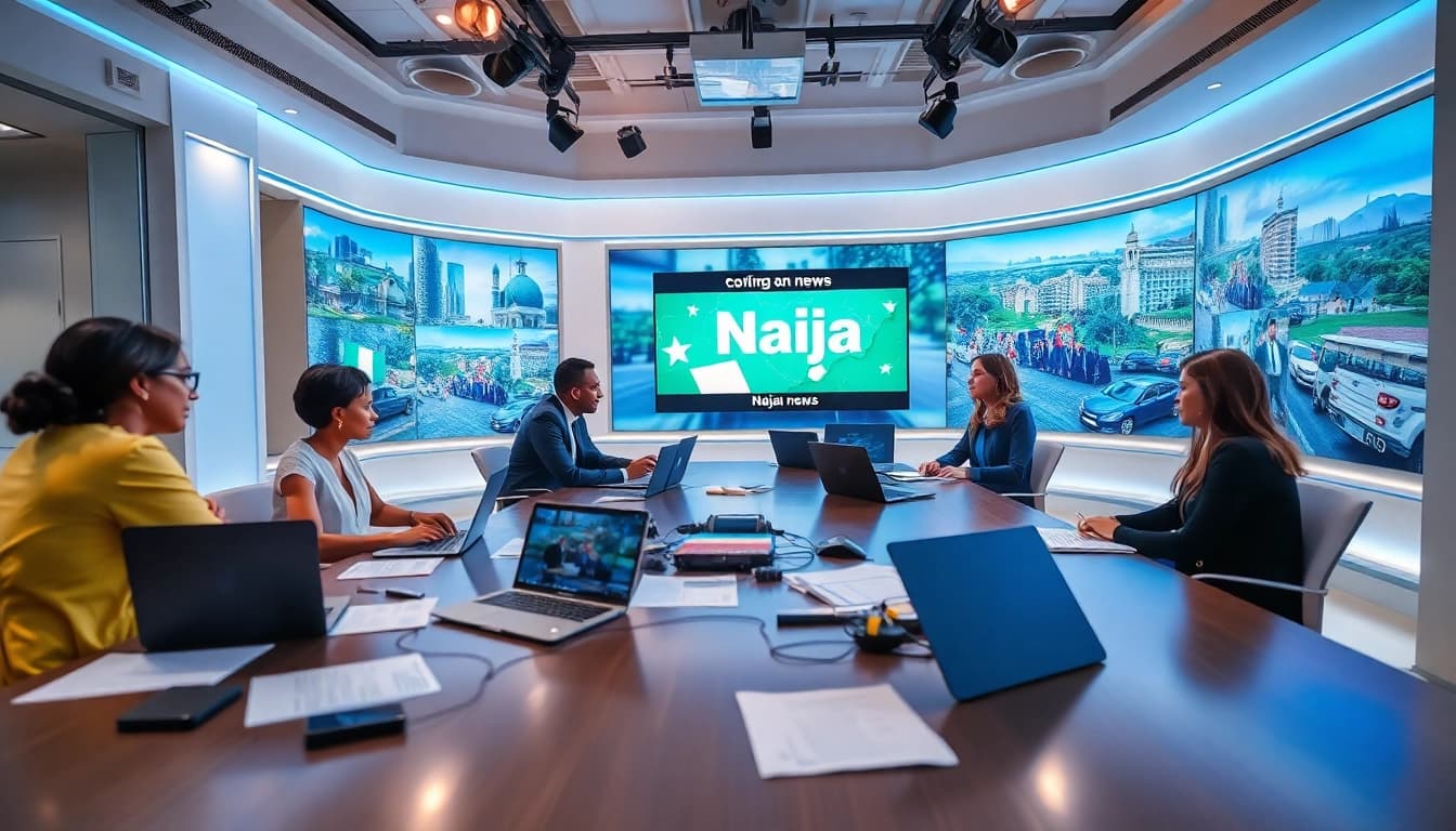 Reporters collaborating in a modern newsroom focused on Naija news, showcasing a lively discussion.