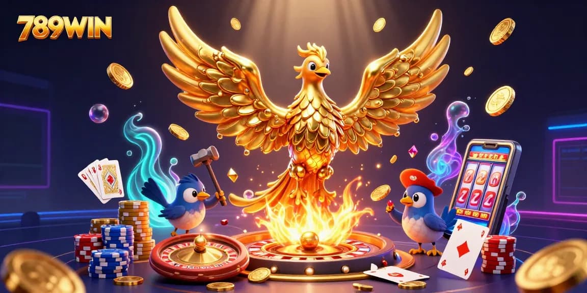 Experience thrilling winning chances at 789WIN with a captivating casino scene of golden phoenix and vibrant gaming elements.