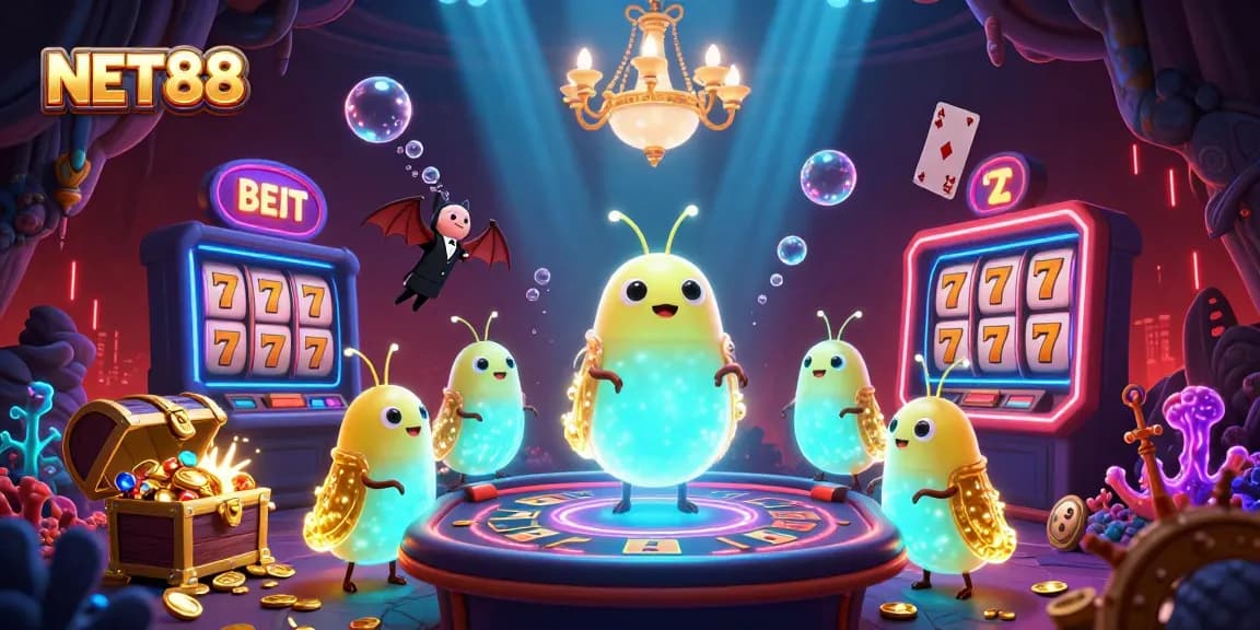 NET88 showcases a dazzling casino scene where glowworms light up games and treasures.