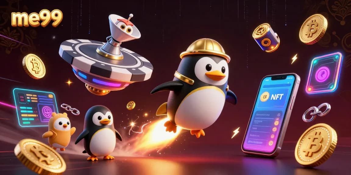 Join the action at me99 with a penguin blasting off towards a vibrant casino!