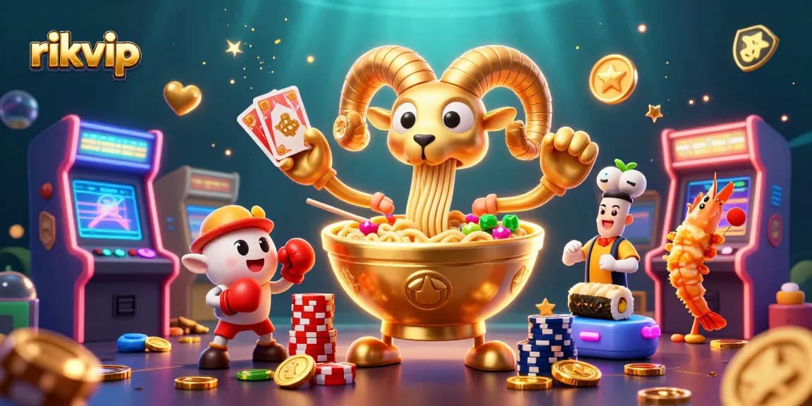 Experience the excitement at rikvip with a vibrant casino-themed 3D illustration, featuring dynamic characters and games.