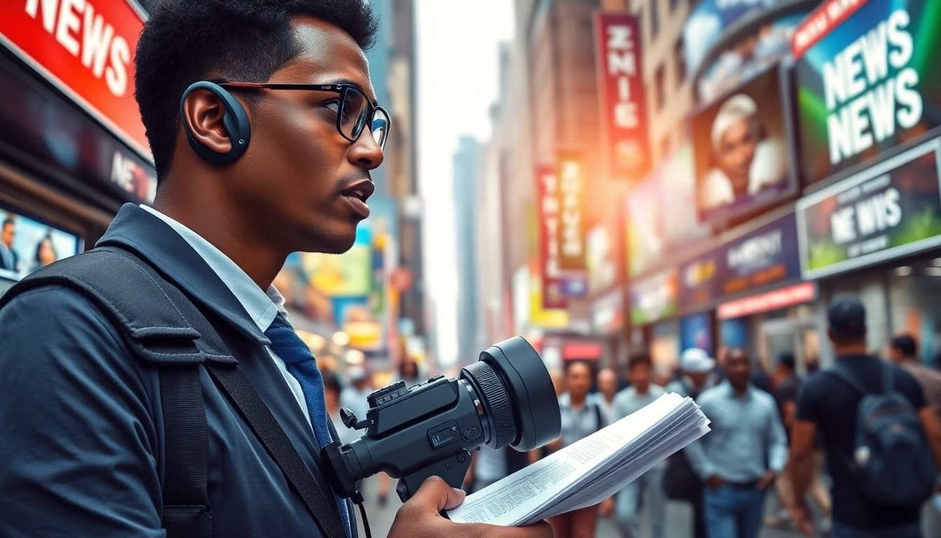Capture the journalist sharing the latest Naija News in a bustling city environment.