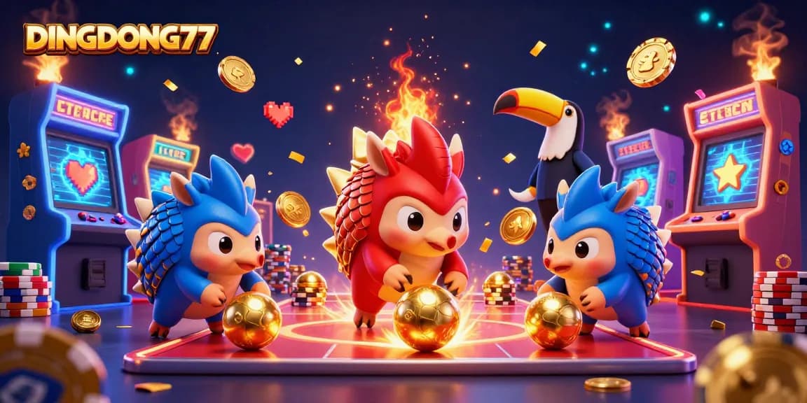 DINGDONG77 pangolins competing in an exciting casino-themed arcade game