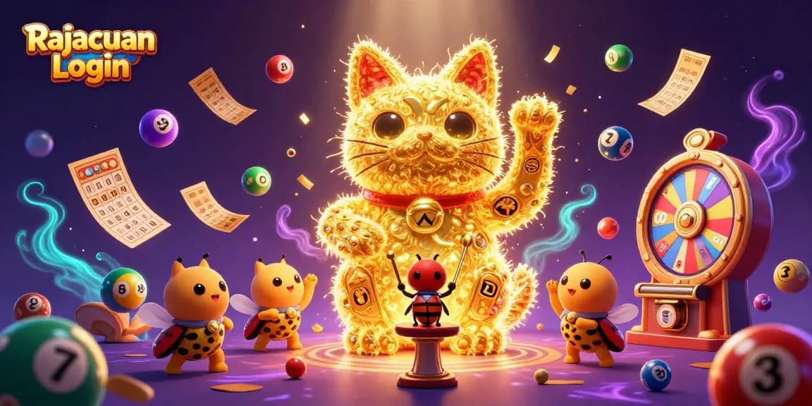 Rajacuan Login menampilkan ilustrasi kasino dengan kucing keberuntungan dan bola lotere berwarna-warni.