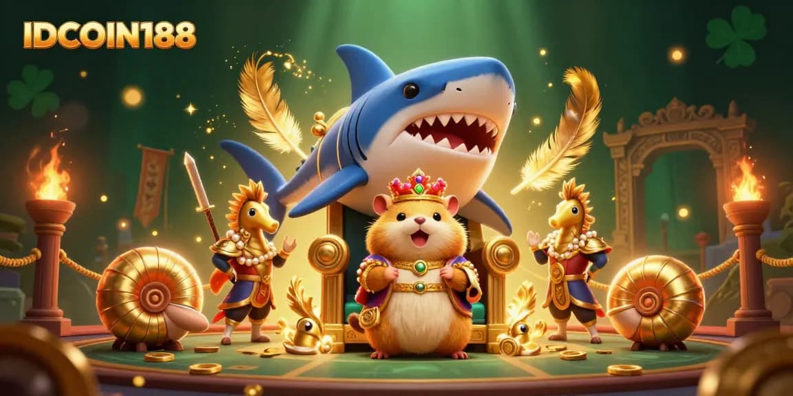 IDCOIN188 captures a dynamic casino scene featuring a golden hamster king on a megalodon tooth throne.