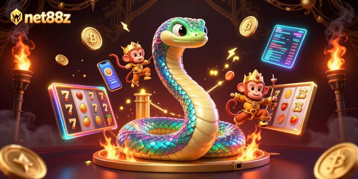 Experience vibrant gaming with net88z featuring a rainbow serpent and crypto coins in a lively casino scene.