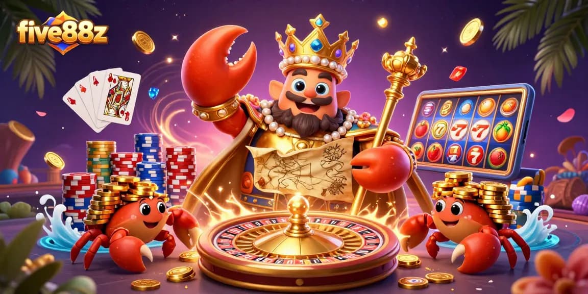 Engaging five88z illustration showcasing a golden crab emperor amidst dynamic casino elements.