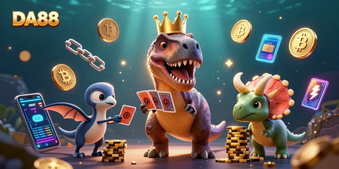 DA88 showcases a lively scene with animated dinosaurs engaging in card games and crypto gambling.