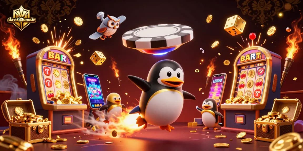 Dive into gaming excitement with davis80smusic's dynamic casino scene featuring a rocket-powered penguin.
