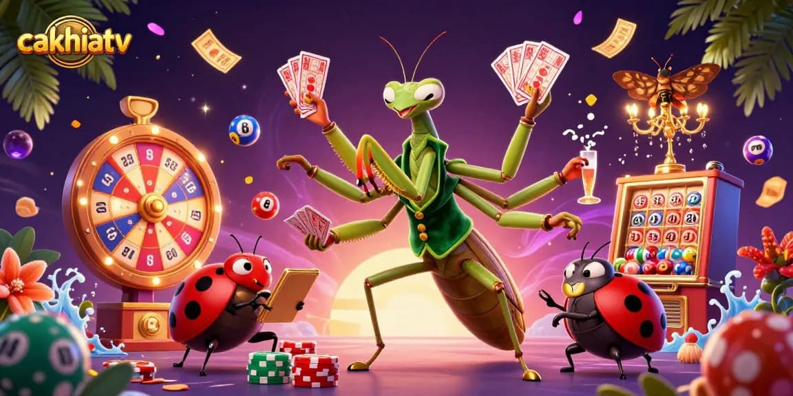 CakhiaTV presents a vibrant 3D scene with a giant praying mantis dealing cards, capturing thrilling casino action.