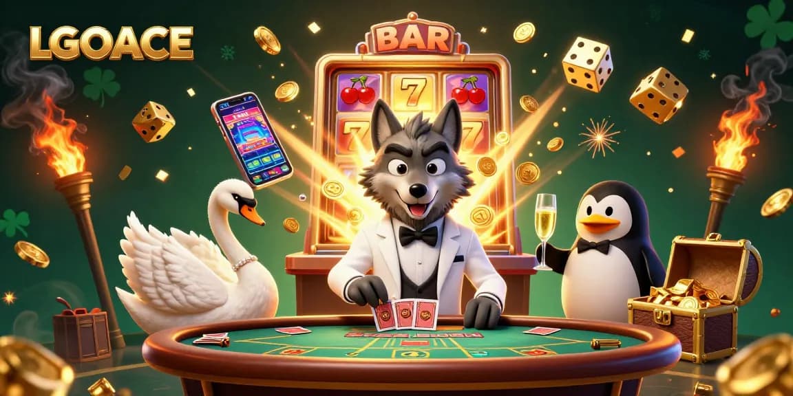 LGOACE casino scene with debonair wolf, elegant swan, and penguin sommelier celebrating wins.