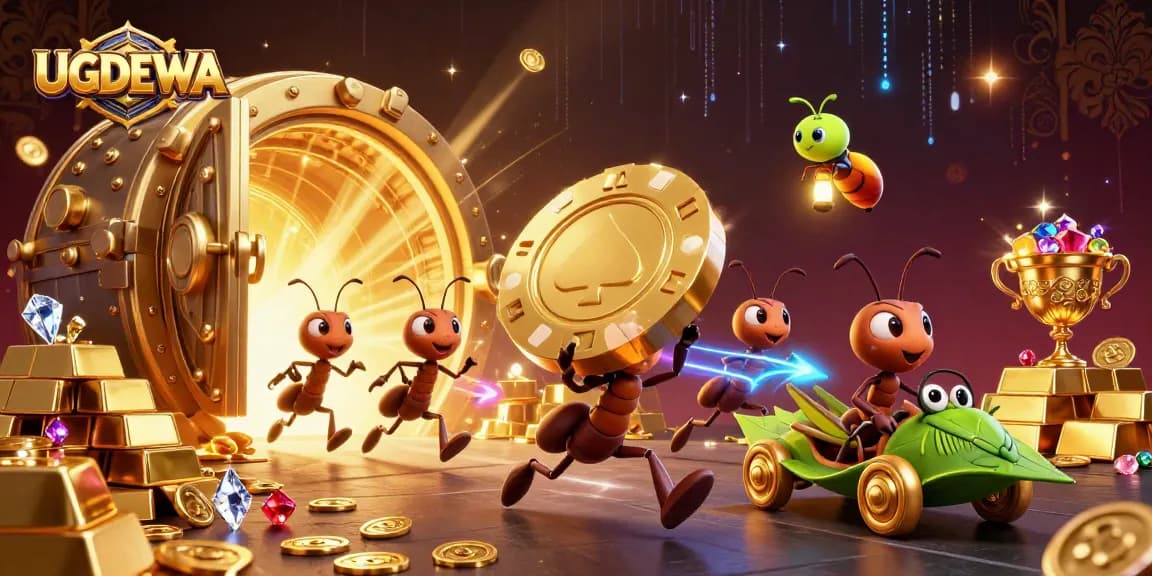 UGDEWA inspires excitement as ants execute a heist with a giant poker chip, showcasing thrilling casino elements.