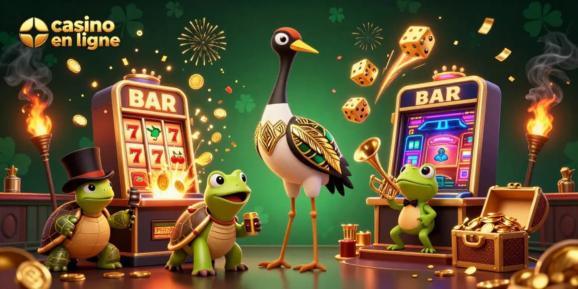 Regardez comment jouer au casino en ligne avec des machines à sous et des personnages amusants dans un cadre vibrant.