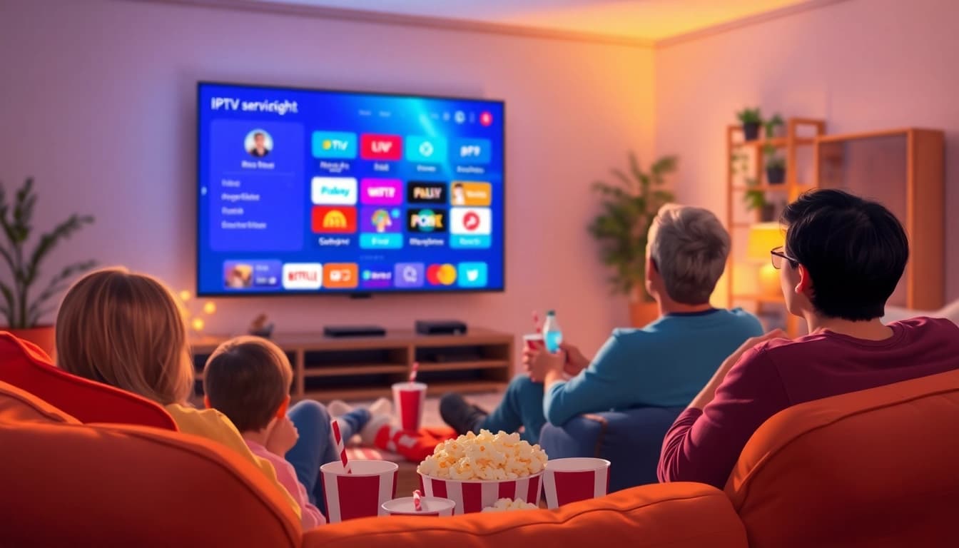 Experience the IPTV Free Trial with a family movie night setup and vibrant TV display.