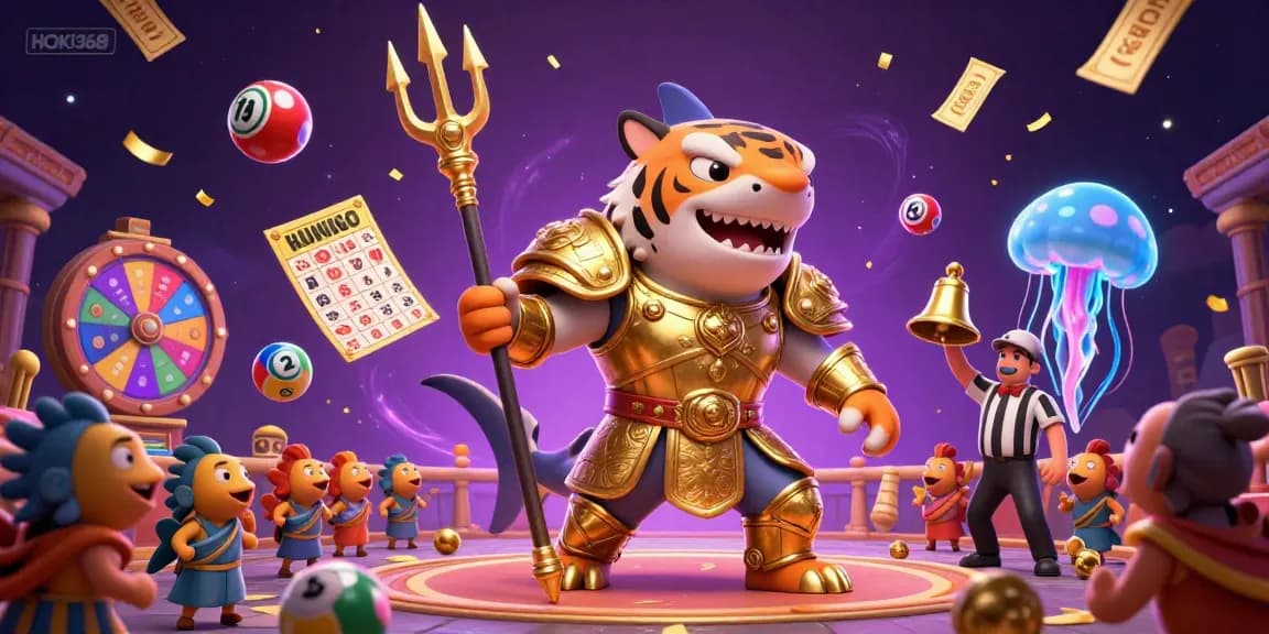 Engage with HOKI368's exciting lottery escape featuring vibrant balls, jackpot elements, and festive underwater characters.