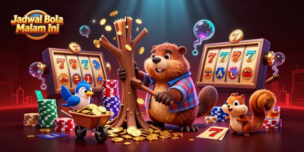 Experience Jadwal Bola Malam Ini with a lively illustration of animated gambling characters and slot game elements.