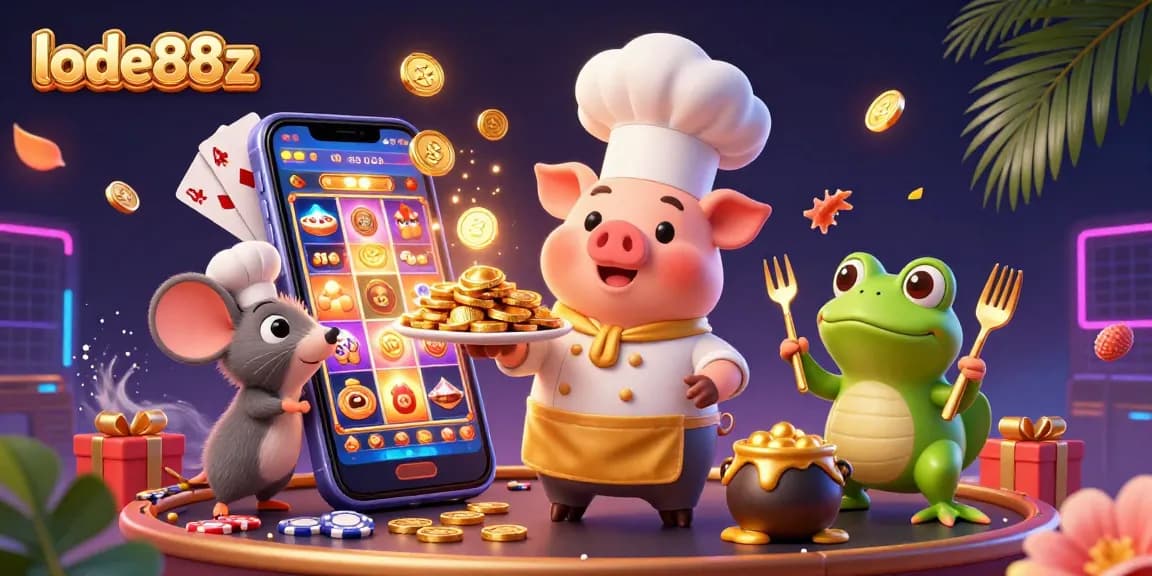 Experience the vibrant world of lode88z with a 3D chef pig and gaming elements in this colorful casino illustration.