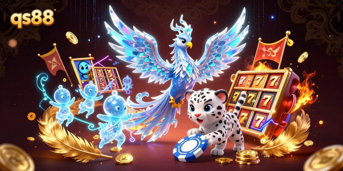 Win big at qs88 with a vibrant, fantastical casino scene featuring playful characters and dynamic game elements.