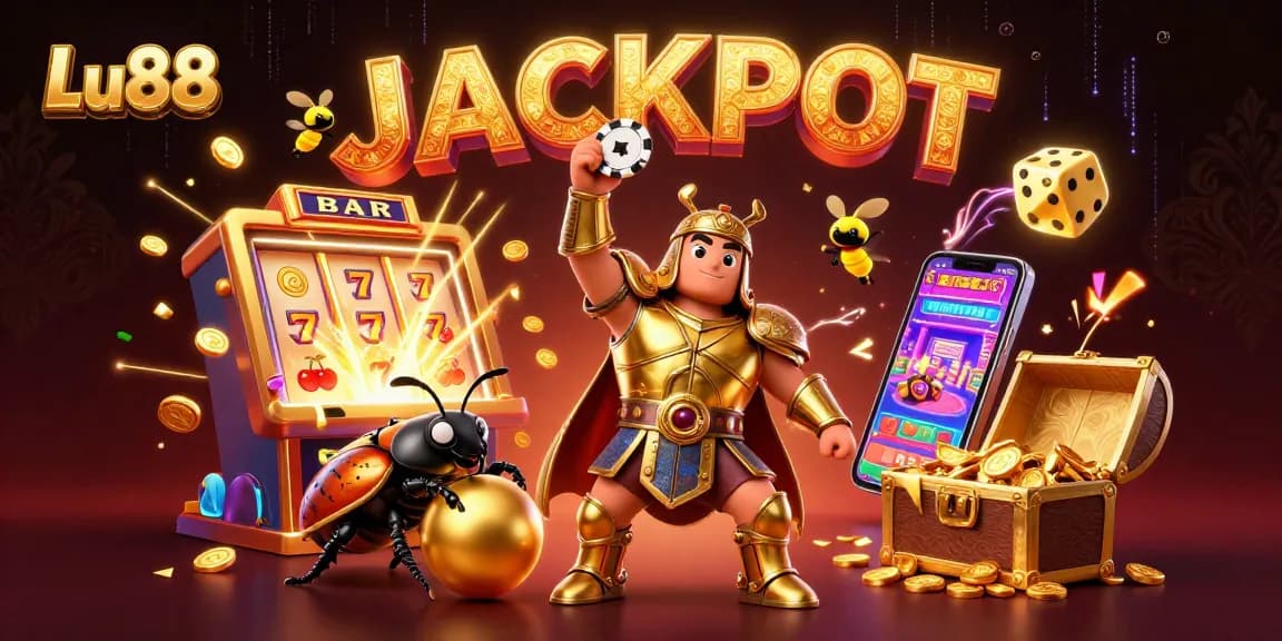 Lu88 captures the excitement of slots with a victorious beetle and jackpot elements in a vibrant scene.
