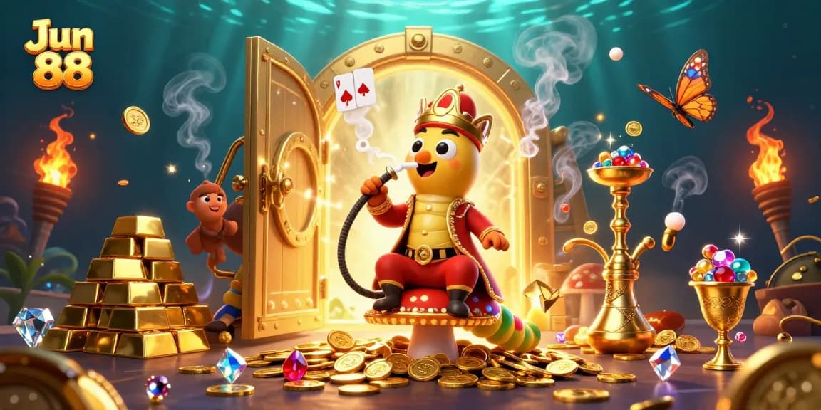Experience the excitement of Jun 88 with a vibrant casino scene filled with treasures and delights.