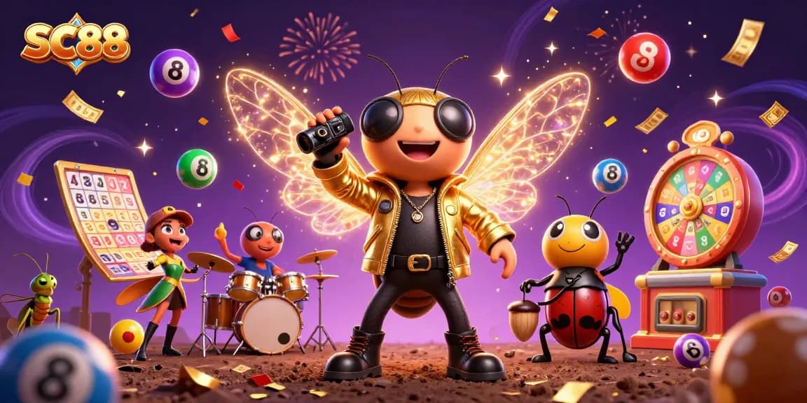 Experience the excitement of SC88 with vibrant lottery elements and energetic characters.