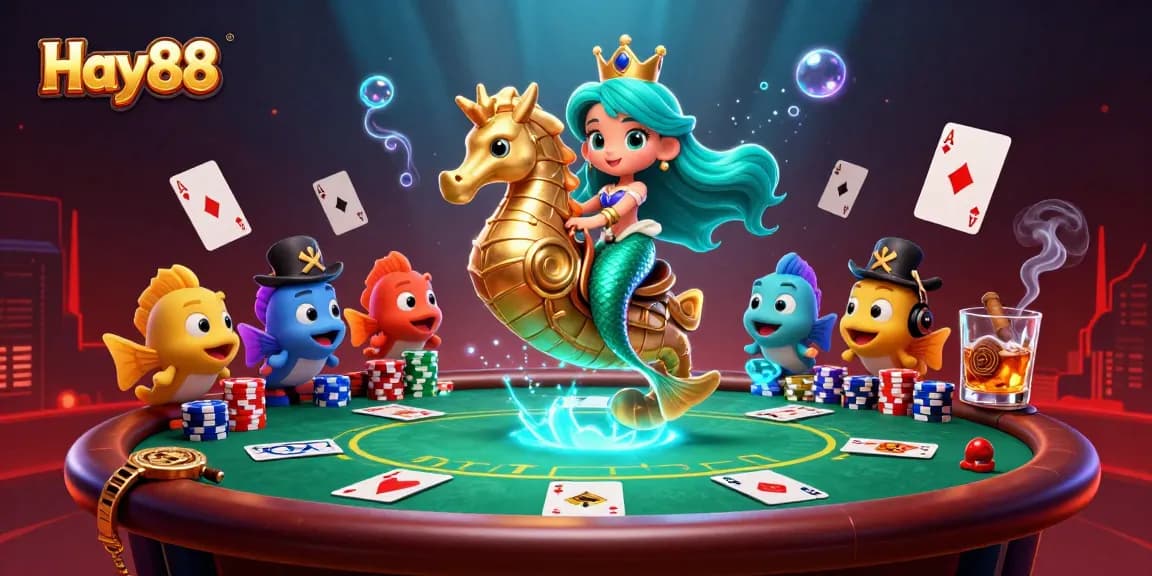 Engaging illustration of Hay88 showcasing casino elements with a mermaid and seahorse amidst poker action.